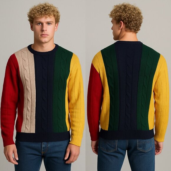 Nautica Vertical Colorblock Jumper Men Medium Crewneck Sweater Cable Pullover - Picture 1 of 13